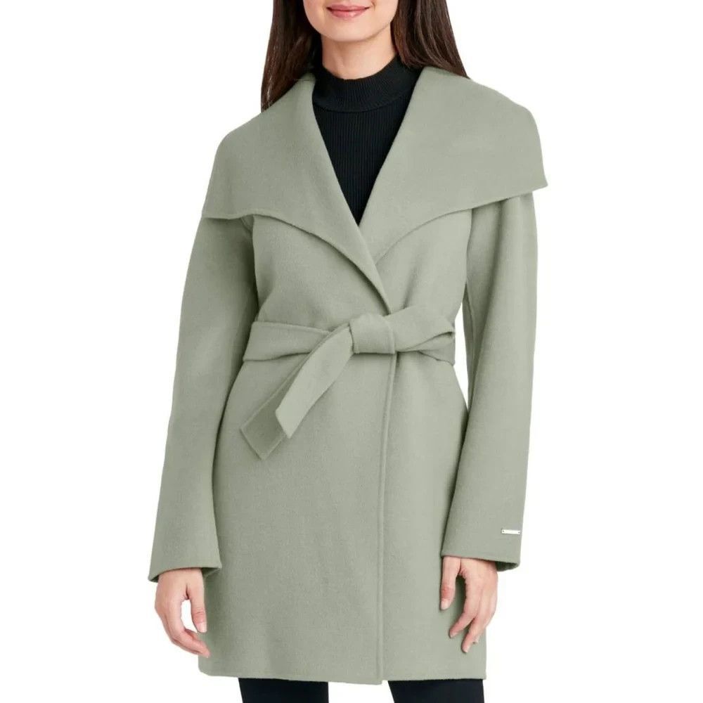 TAHARI Womens S Ella Wool-Blend Belted Wrap Coat in Dusty Sage Green NEW